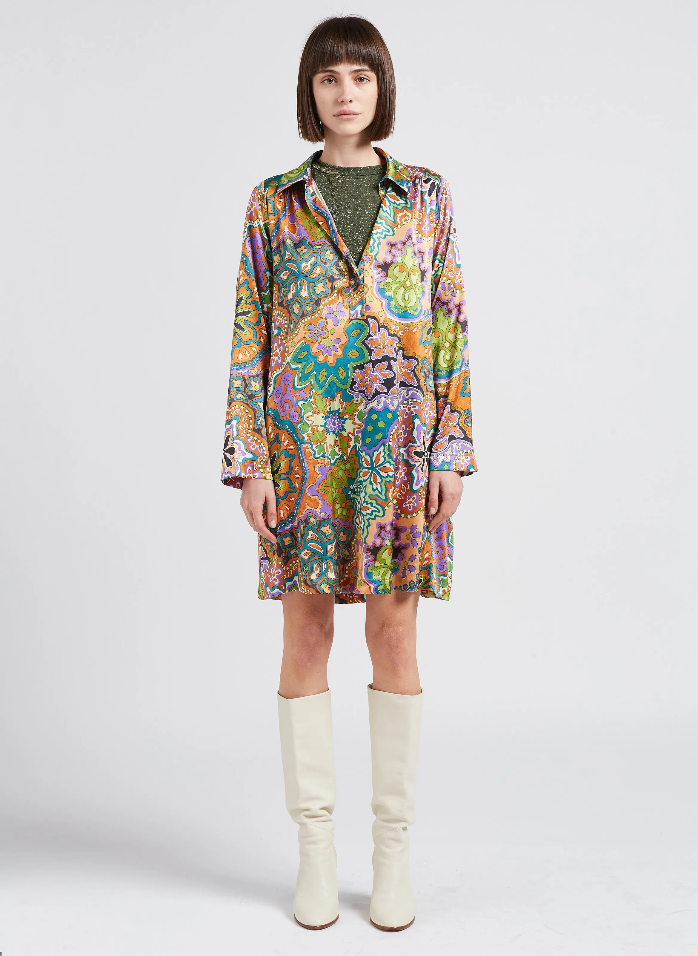 EDMONDE  VESTIDO CORTO DE MEZCLA DE SEDA ESTAMPADA CON CUELLO CLáSICO EN MULTICOLOR