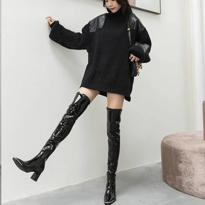 Envío gratis Nuevas botas altas de la rodilla Diseñador Botas de cuero de patente Mujeres Mujeres Tacones gruesos Nieve de invie