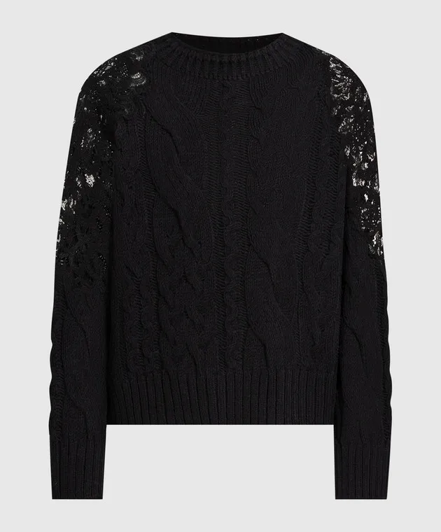 Ermanno Scervino Black sweater with textured pattern and lace