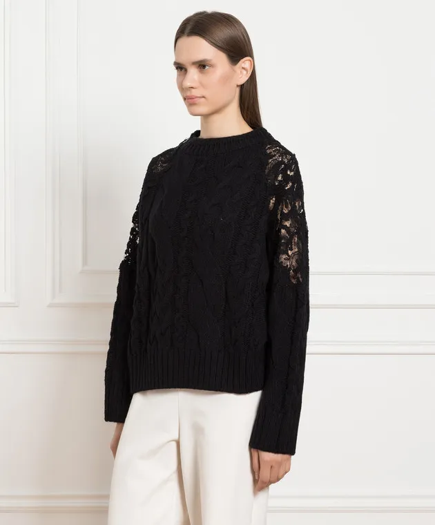 Ermanno Scervino Black sweater with textured pattern and lace