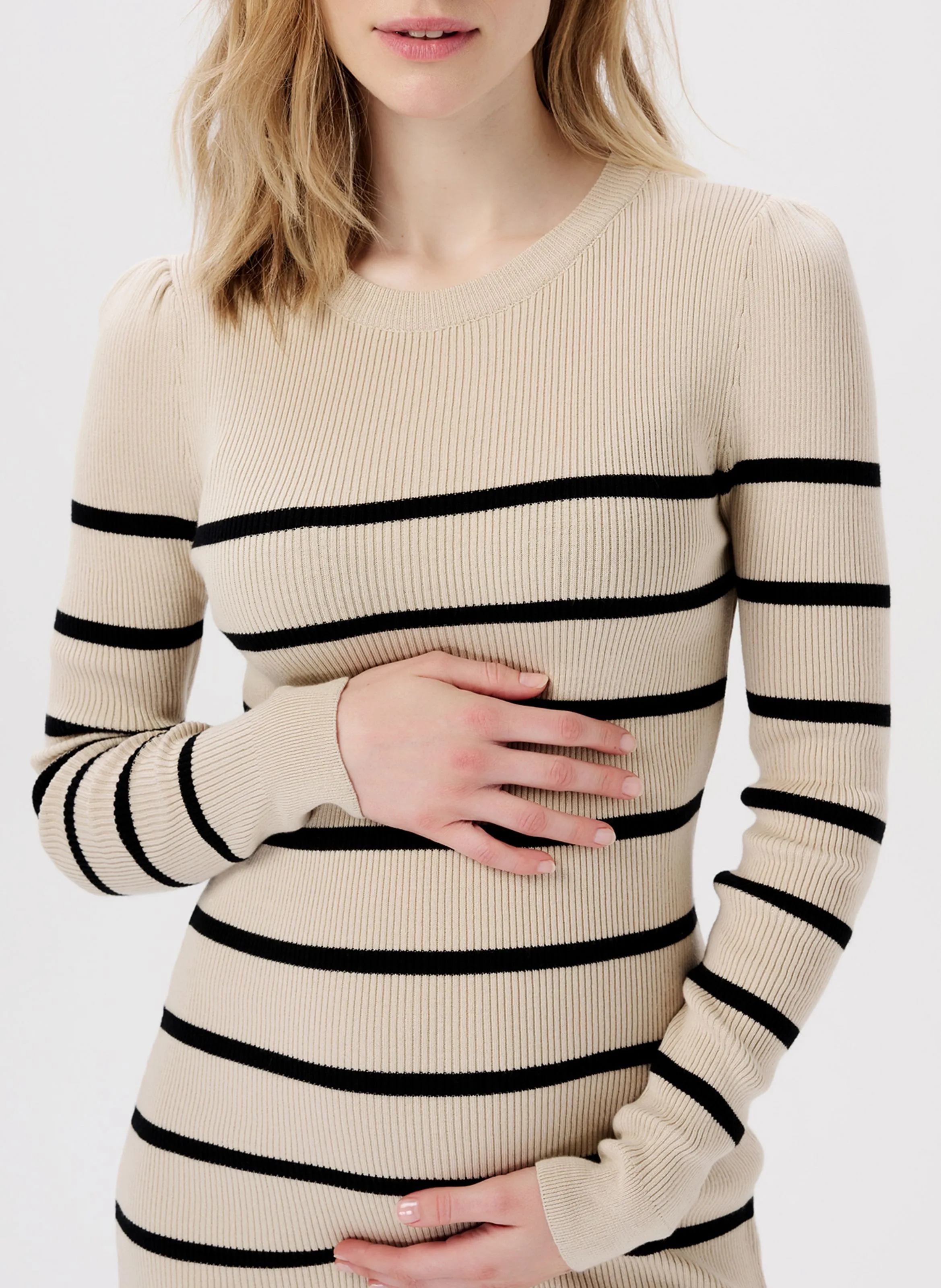 NOPPIES VENA  VESTIDO MIDI DE MEZCLA DE ALGODóN ORGáNICO A RAYAS CON CUELLO REDONDO EN BEIGE