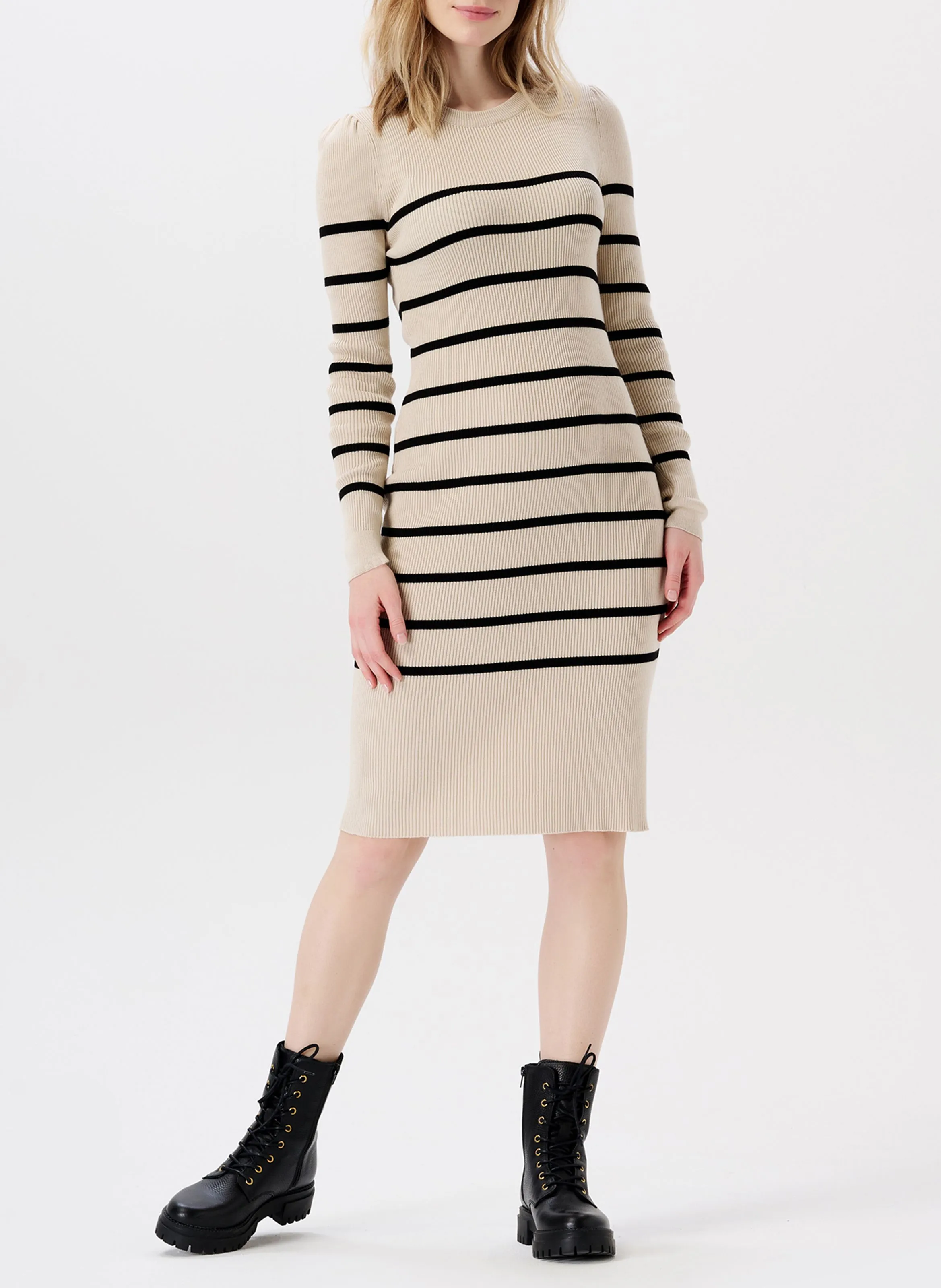 NOPPIES VENA  VESTIDO MIDI DE MEZCLA DE ALGODóN ORGáNICO A RAYAS CON CUELLO REDONDO EN BEIGE