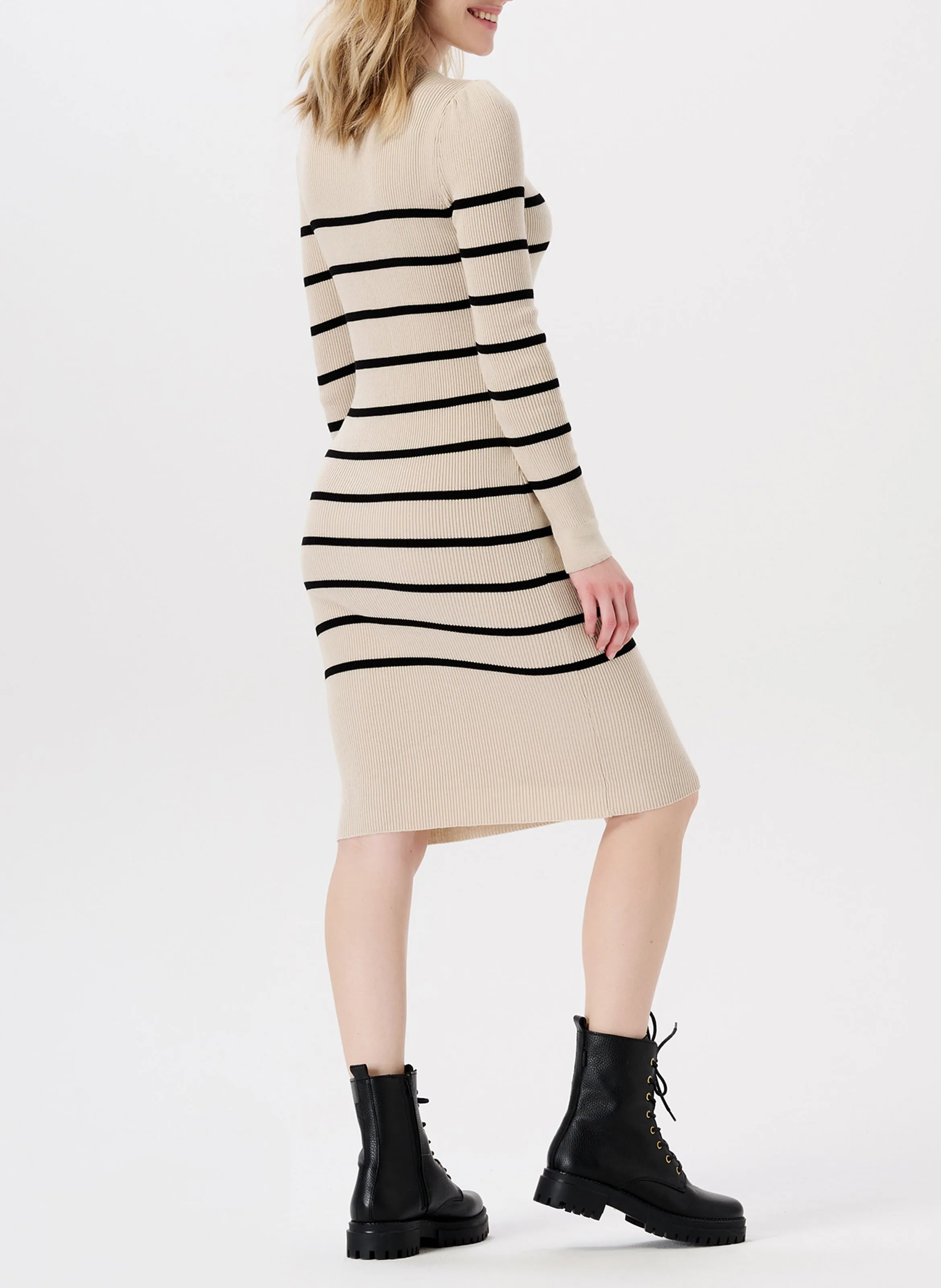 NOPPIES VENA  VESTIDO MIDI DE MEZCLA DE ALGODóN ORGáNICO A RAYAS CON CUELLO REDONDO EN BEIGE