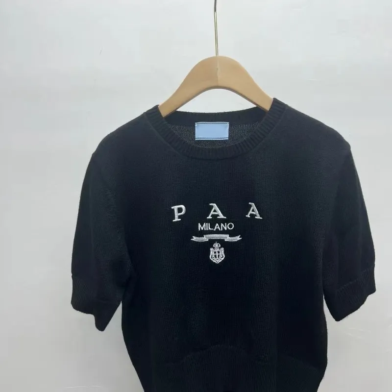 NOVEDAD DE VERANO 2024, camiseta con cuello redondo bordada de mezcla de lana para mujer, top de gama alta, Jersey ajustado, abr
