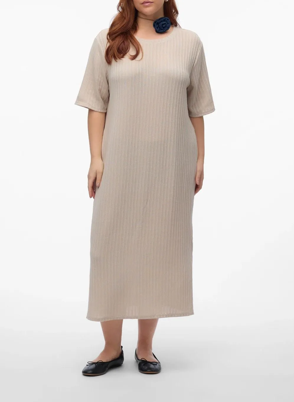 OLIVA  VESTIDO MIDI DE CANALé EN BEIGE