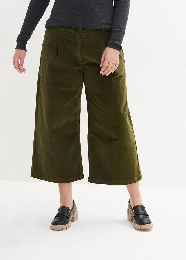 Pantalón ancho de pana elástica con cintura cómoda high waist, largo 7/8 Negro