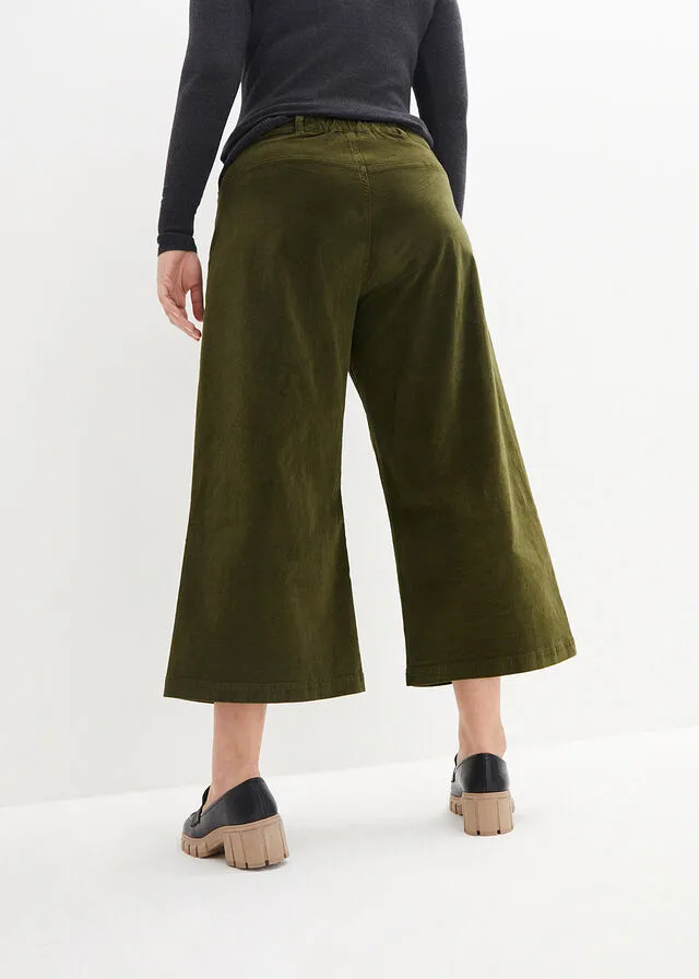 Pantalón ancho de pana elástica con cintura cómoda high waist, largo 7/8 Negro