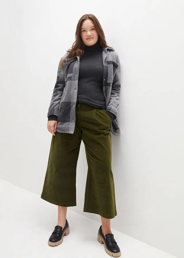 Pantalón ancho de pana elástica con cintura cómoda high waist, largo 7/8 Negro
