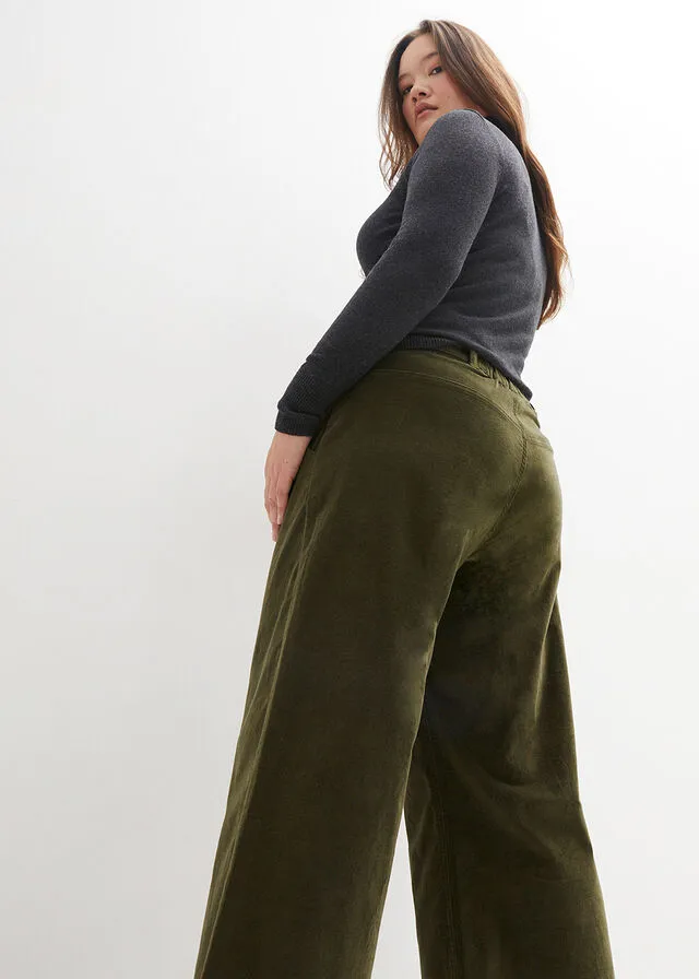 Pantalón ancho de pana elástica con cintura cómoda high waist, largo 7/8 Negro
