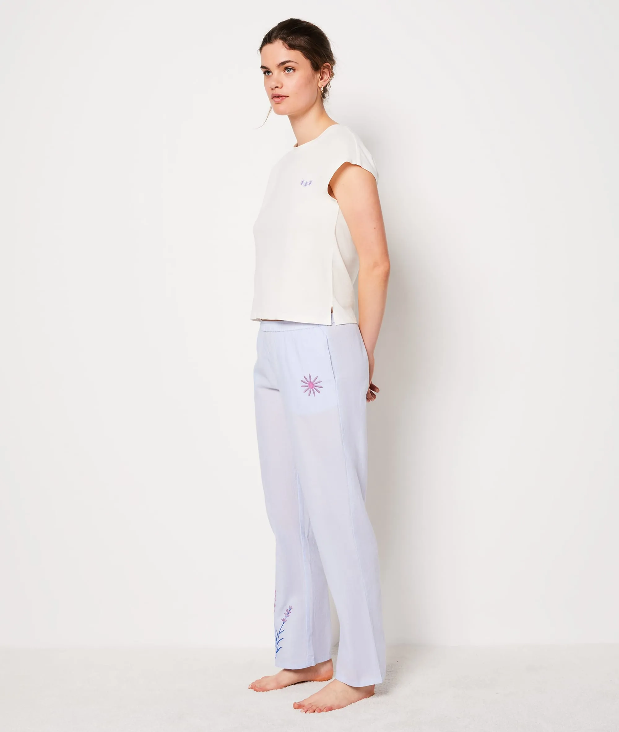 PANTALóN PIJAMA BORDADO LAVANDA BELINE BLEU CIEL  ETAM