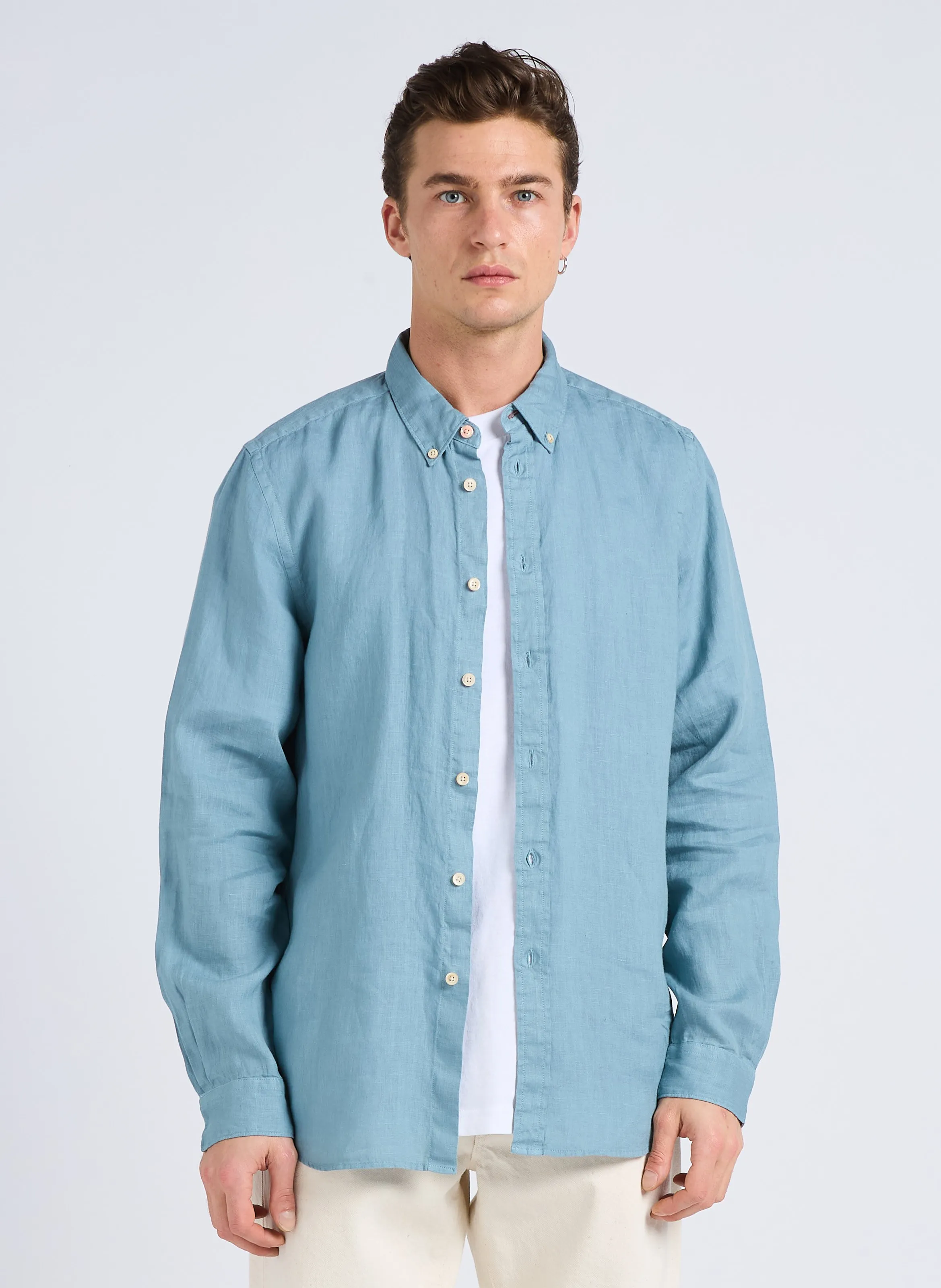 PAUL SMITH Camisa regular fit de lino con cuello italiano en azul