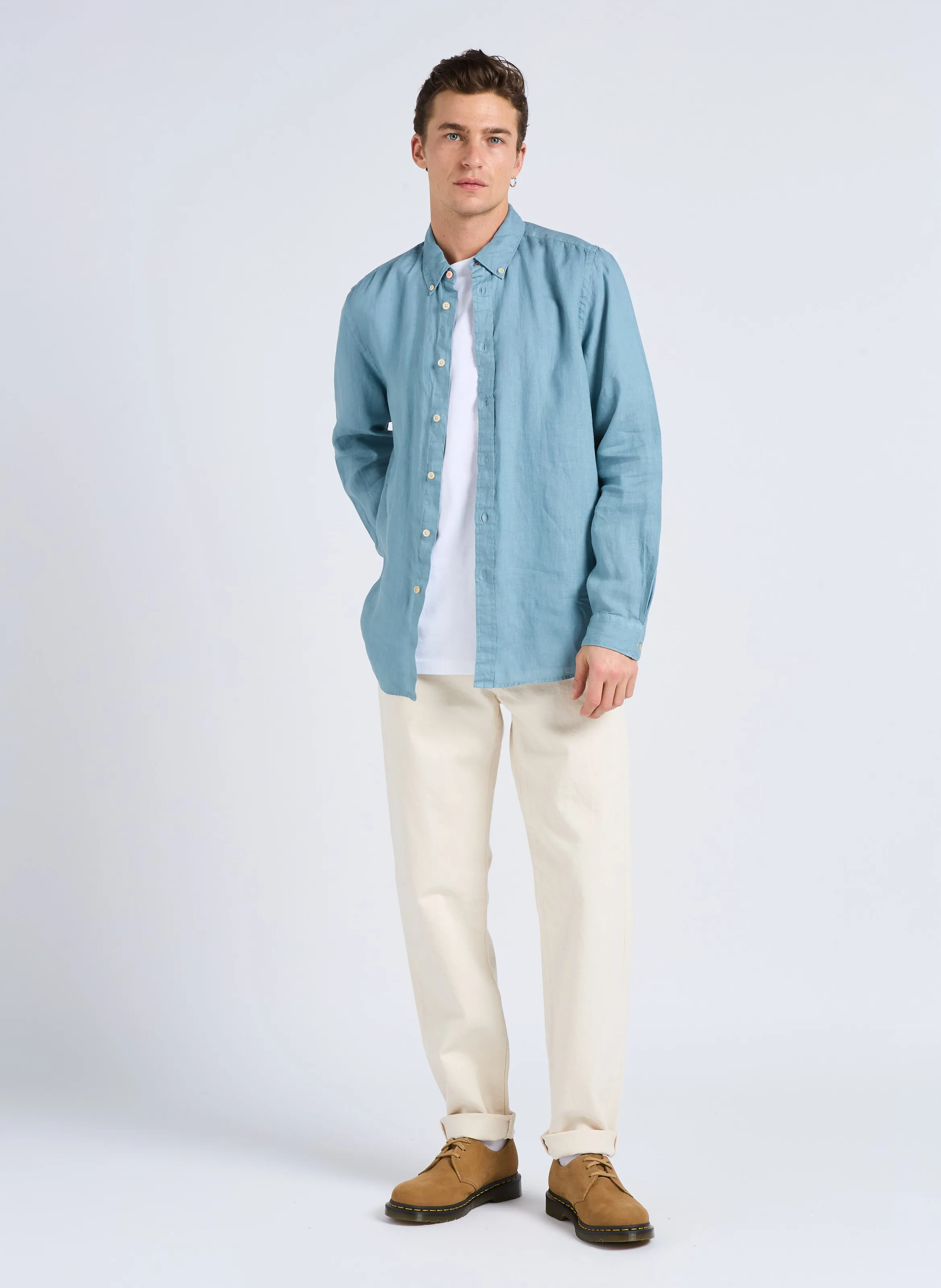 PAUL SMITH Camisa regular fit de lino con cuello italiano en azul