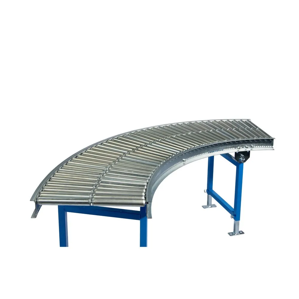 Pequeño transportador de rodillos, rodillos tubulares de acero, curva de 90°, ancho de banda 200 mm, distancia central 37,5 mm