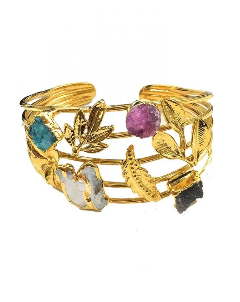 PRECIOSAS PULSERAS ANCHAS DORADAS CON PIEDRAS DRUSAS