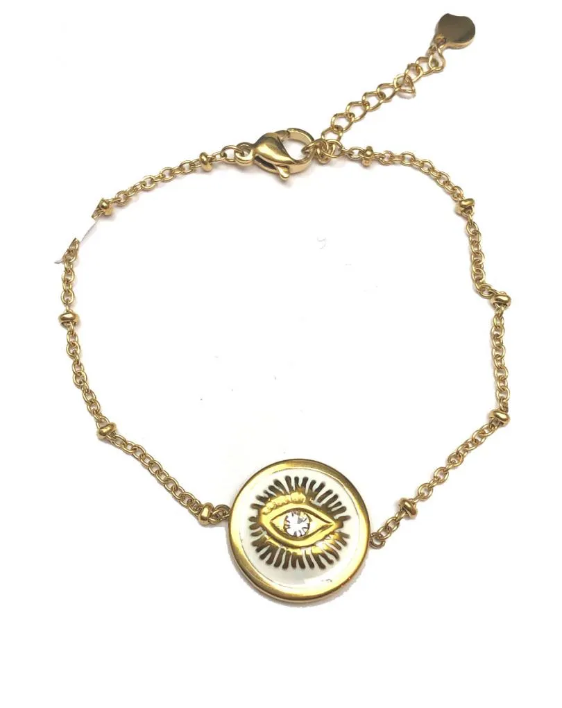 PULSERAS DORADAS Y BLANCAS CON OJO DE LA SUERTE DECORADO