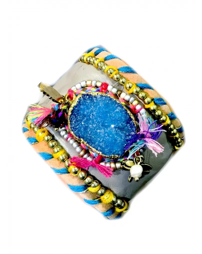 PULSERAS ETNICAS DE CUERO CON PIEDRA DRUSA