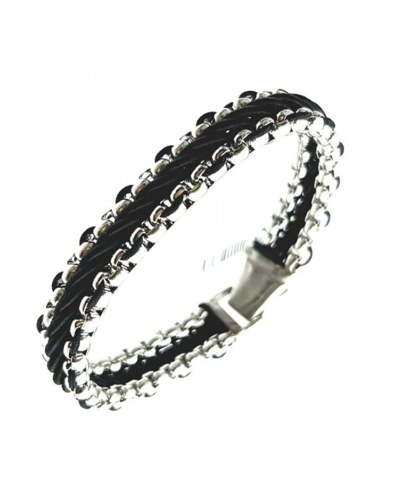 PULSERAS HOMBRE ESLABON ACERO CON CORDON NEGRO