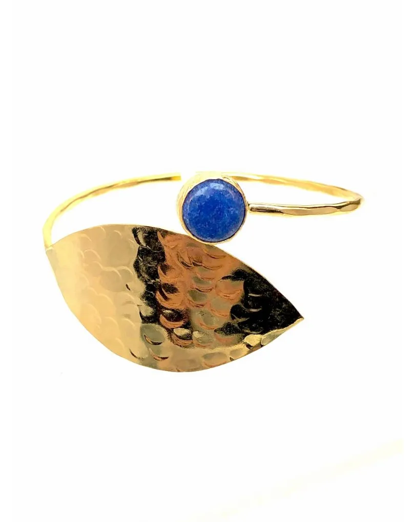 PULSERAS MUJER ORO BAÑO BONITA HOJA DECORADA CON PIEDRA AZULONA