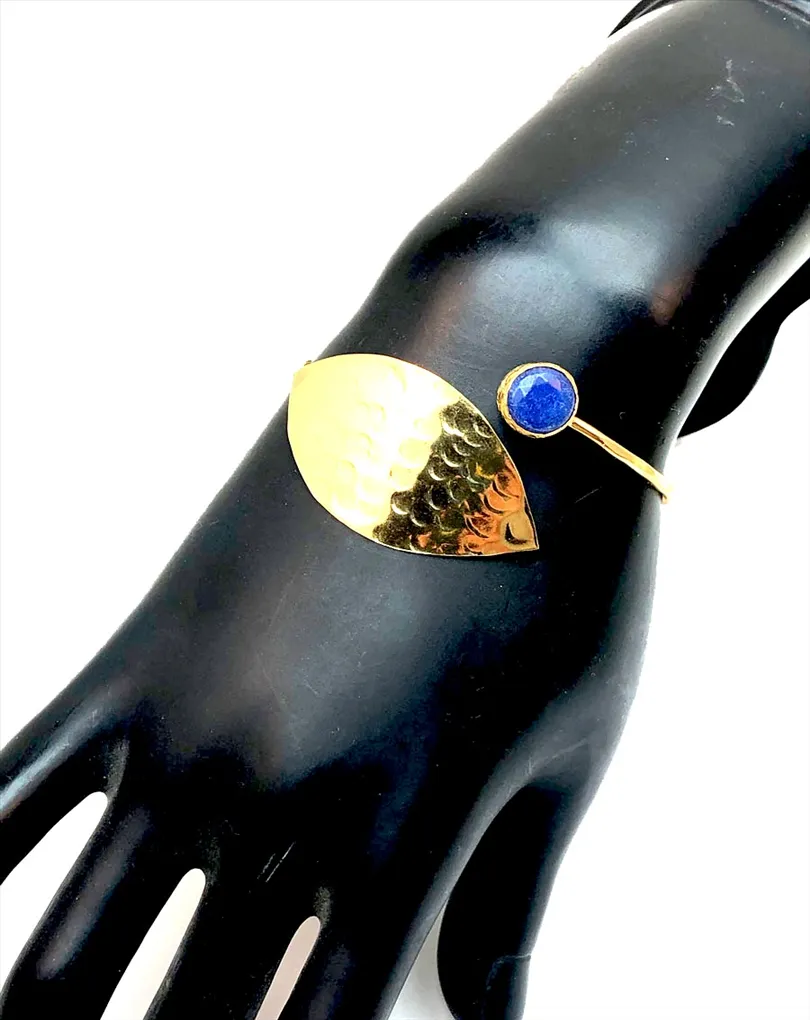 PULSERAS MUJER ORO BAÑO BONITA HOJA DECORADA CON PIEDRA AZULONA