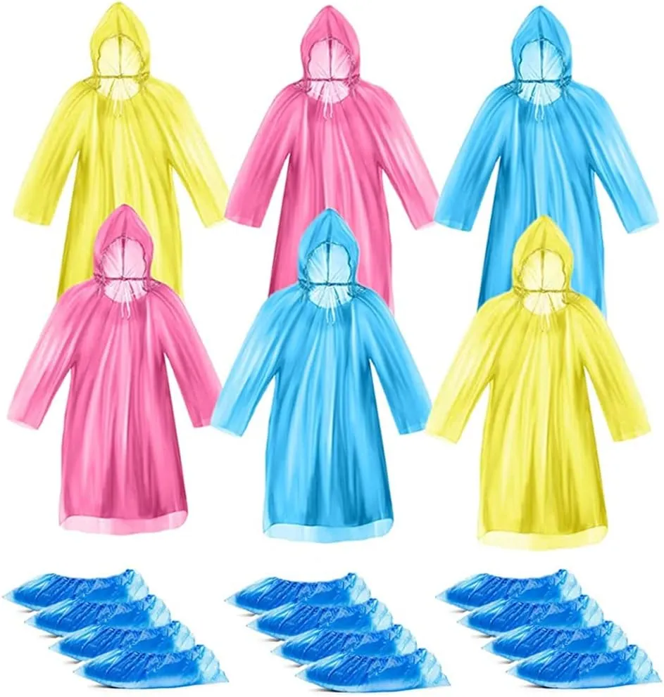 Queta 6 Juegos de Poncho de Lluvia con Capucha  Impermeables Desechables con 6 Pares de Fundas de Zapatos  Impermeables Ligeros 