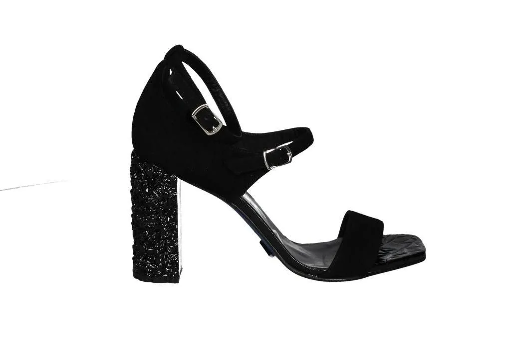 Sandalia Ante Negro Dos Pulseras Tacon Floral