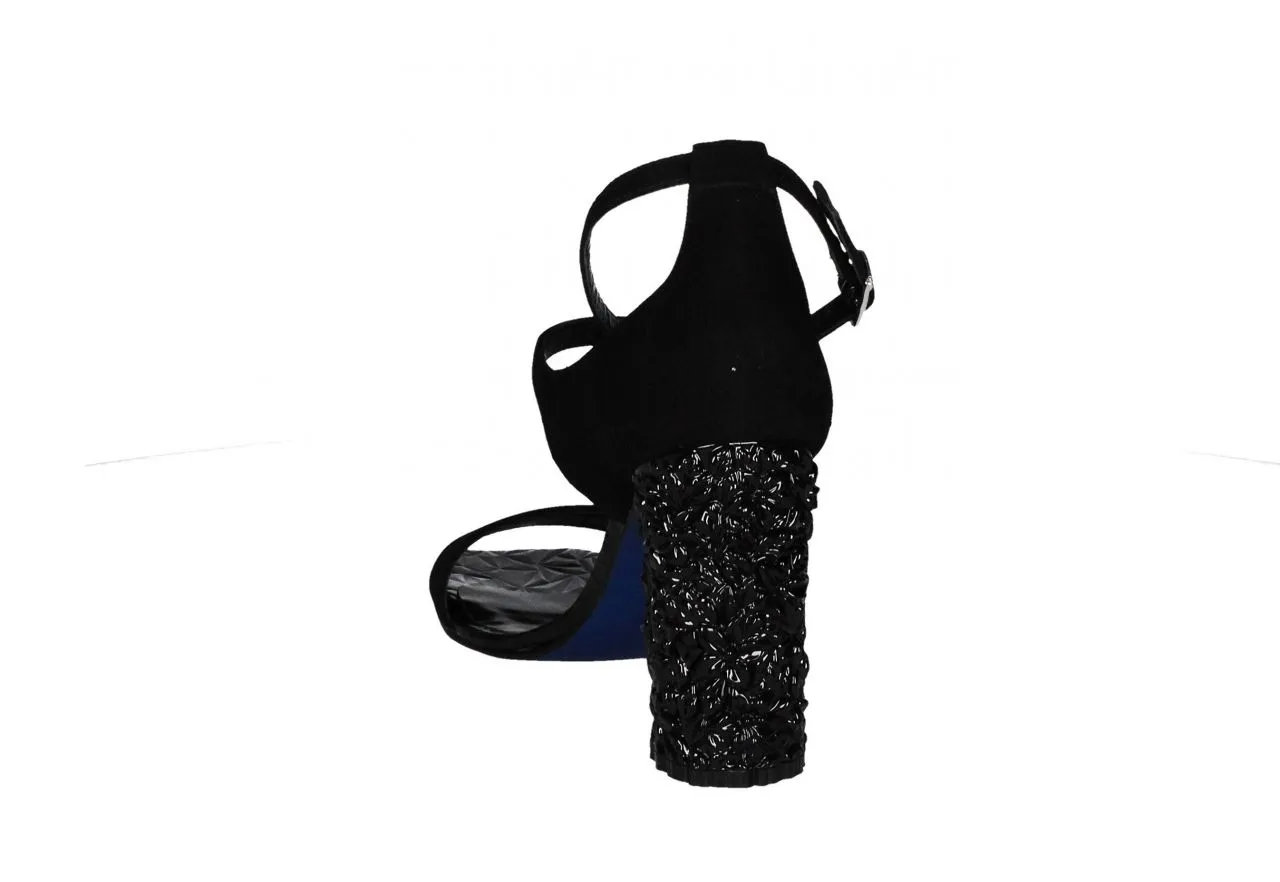 Sandalia Ante Negro Dos Pulseras Tacon Floral