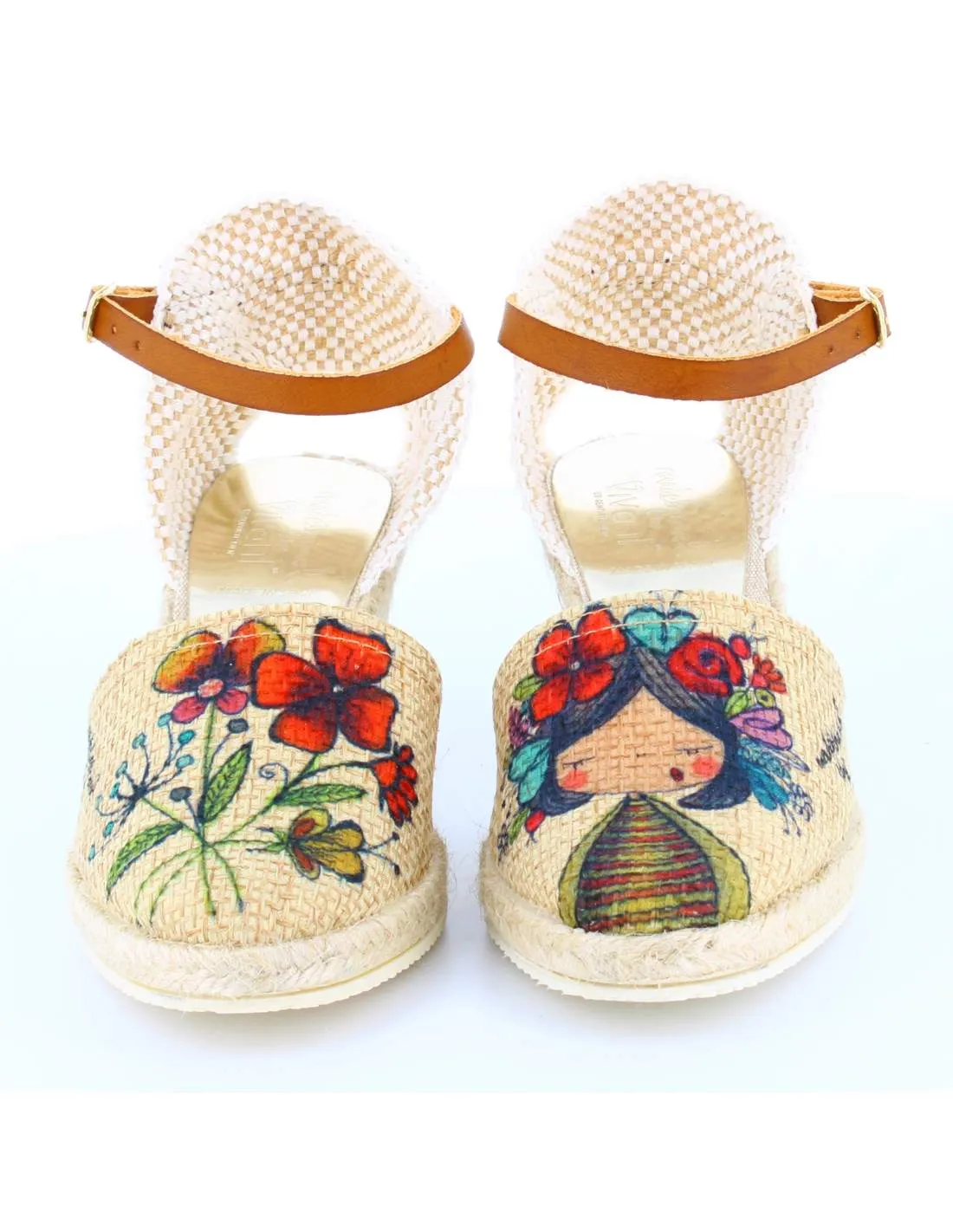 Sandalias Cuña Flores Beige