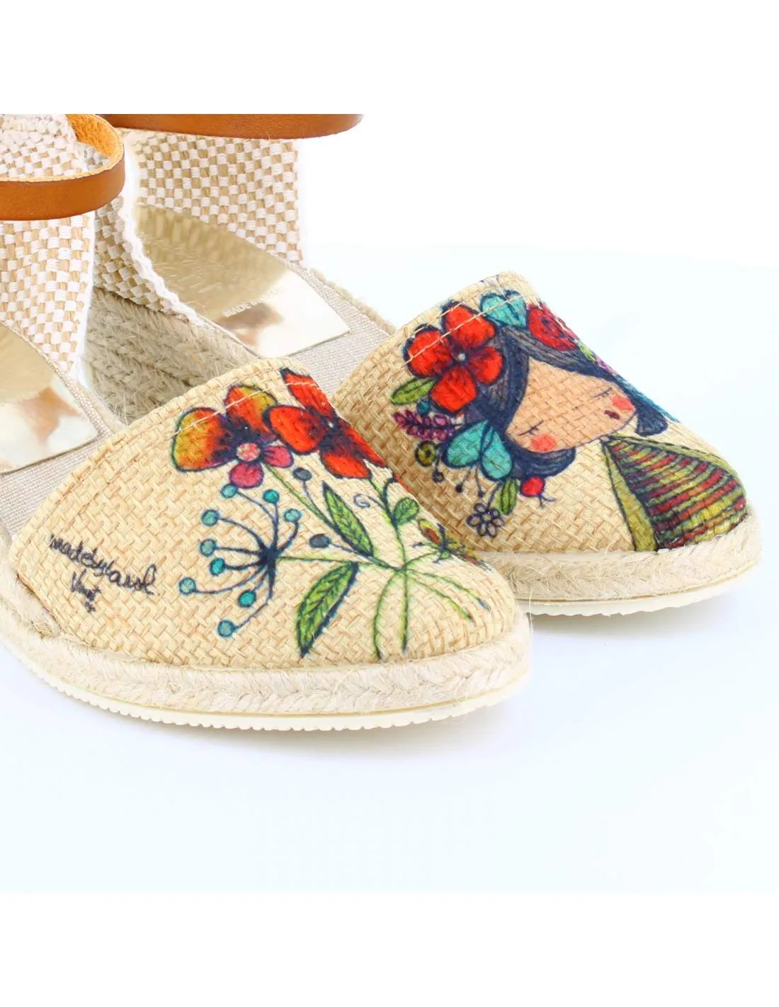 Sandalias Cuña Flores Beige
