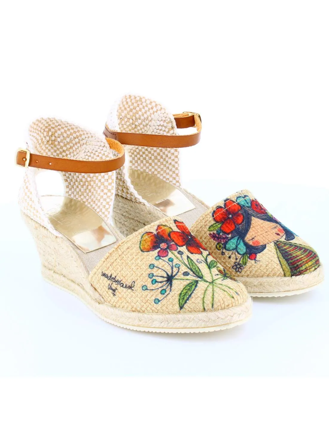 Sandalias Cuña Flores Beige