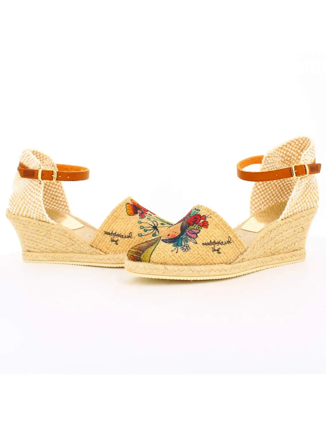 Sandalias Cuña Flores Beige