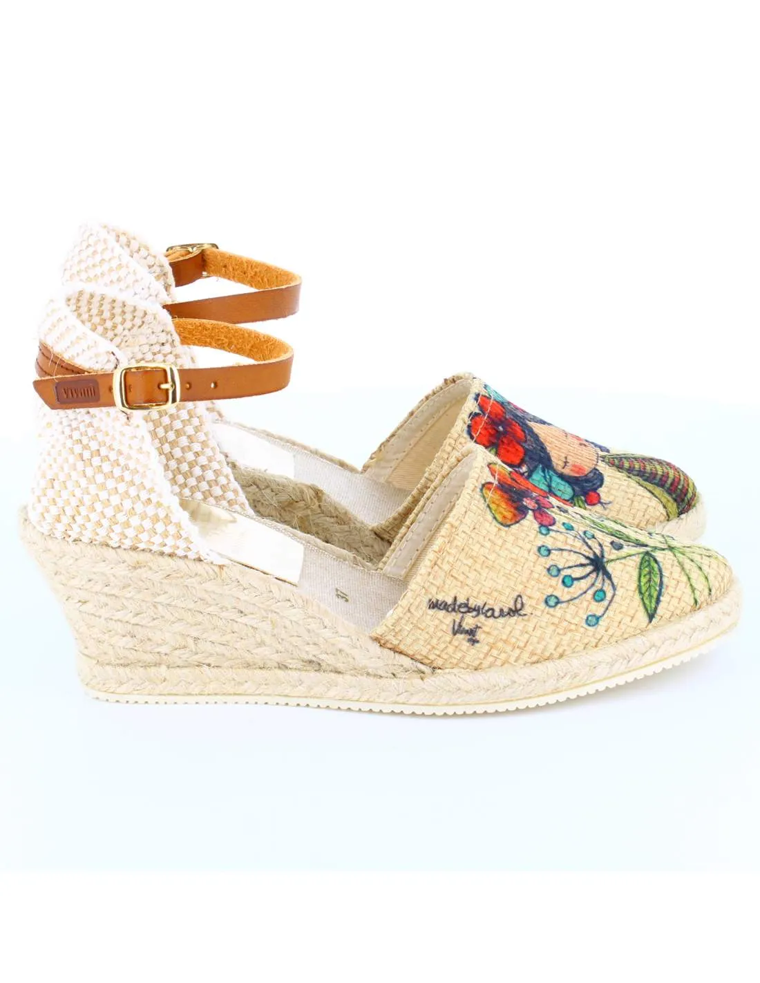 Sandalias Cuña Flores Beige