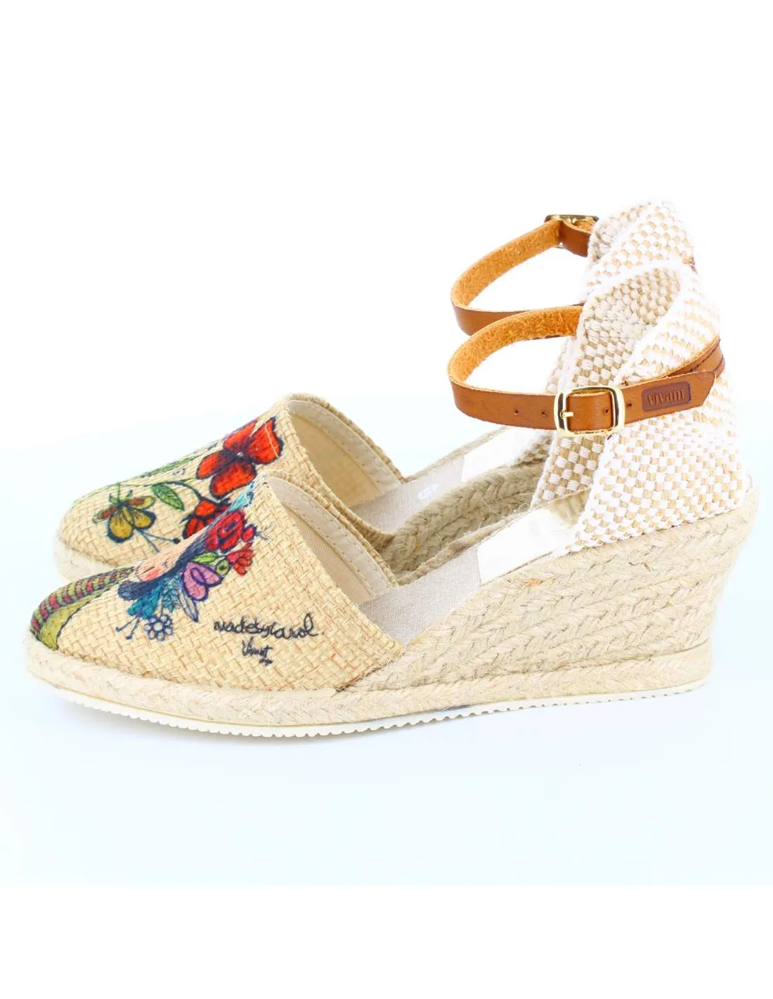 Sandalias Cuña Flores Beige