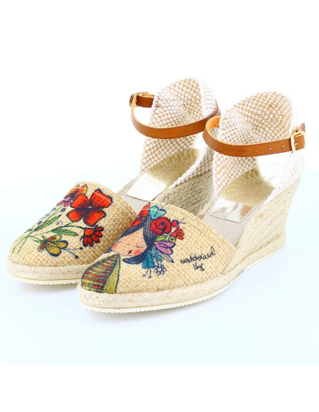 Sandalias Cuña Flores Beige