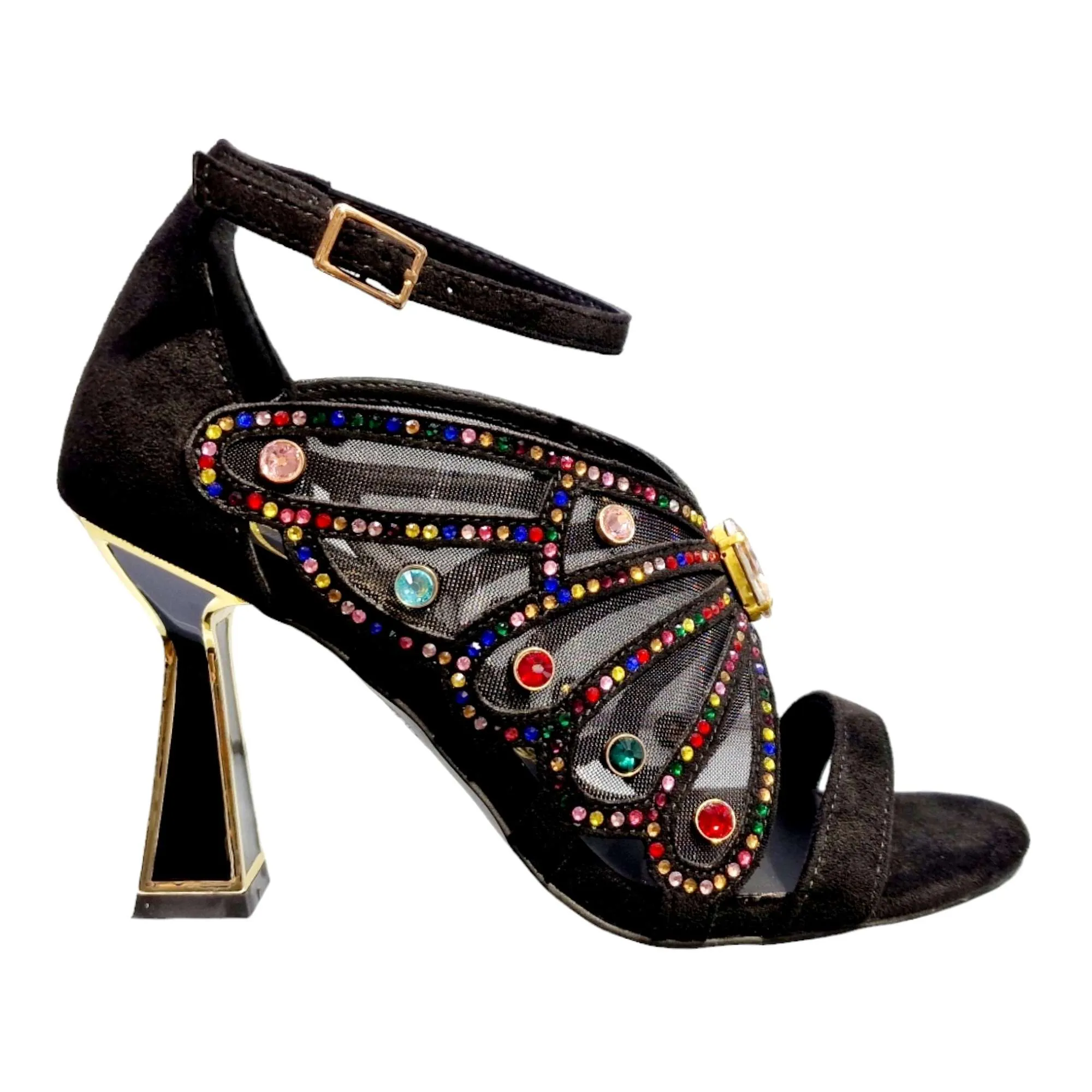 SANDALIAS TACÓN MUJER FANTASIA BRILLOS NEGRO