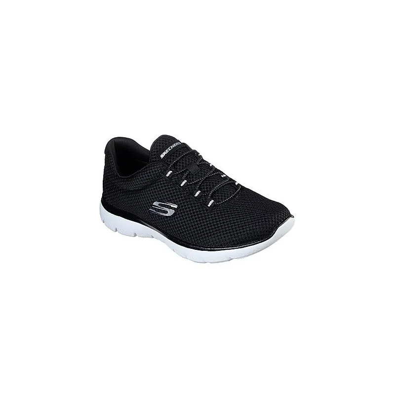 SKECHERS 12985 NEGRO CON PISO BLANCO  ZAPATILLAS DE TELA DE REJILLA CON CORDONES ELáSTICOS Y PLANTILLA MEMORY FOAM
