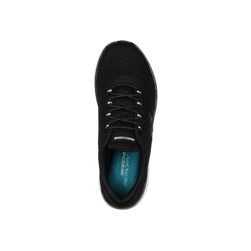 SKECHERS 12985 NEGRO CON PISO BLANCO  ZAPATILLAS DE TELA DE REJILLA CON CORDONES ELáSTICOS Y PLANTILLA MEMORY FOAM