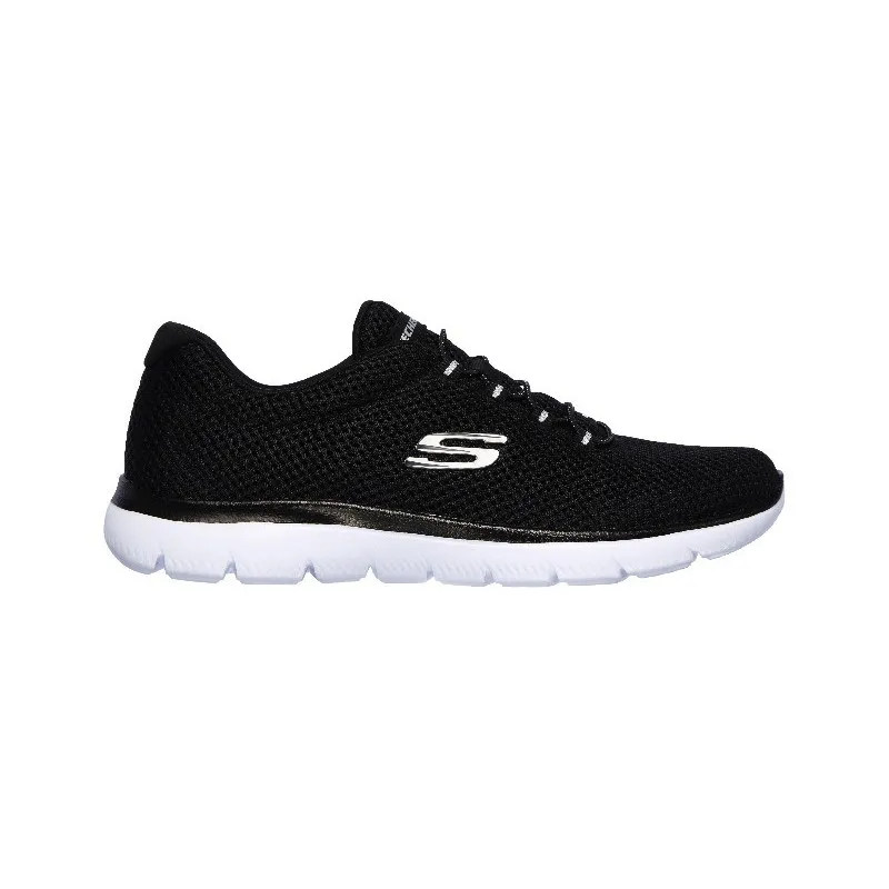 SKECHERS 12985 NEGRO CON PISO BLANCO  ZAPATILLAS DE TELA DE REJILLA CON CORDONES ELáSTICOS Y PLANTILLA MEMORY FOAM
