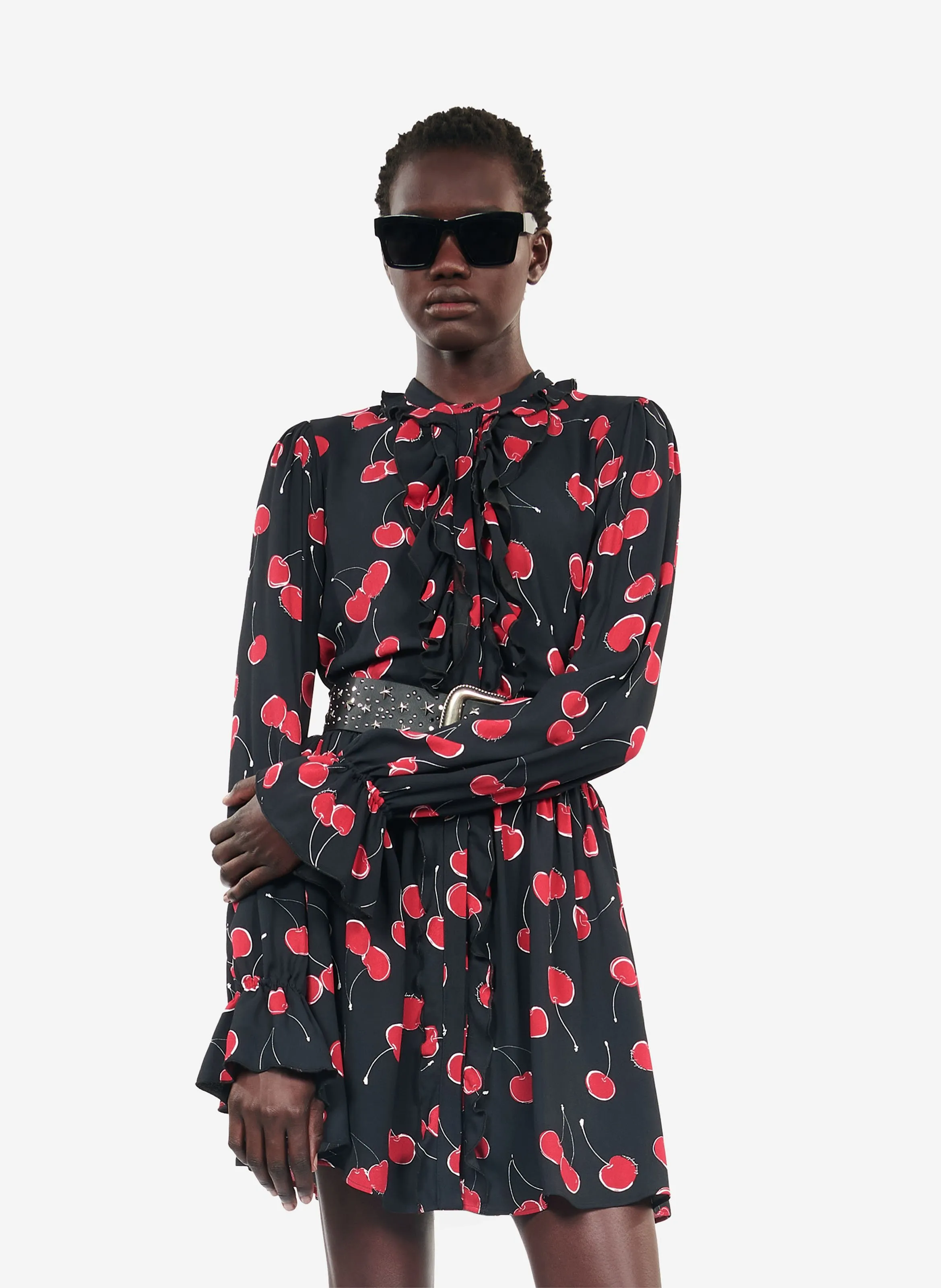 THE KOOPLES Vestido corto cuello redondo estampado de cereza en negro