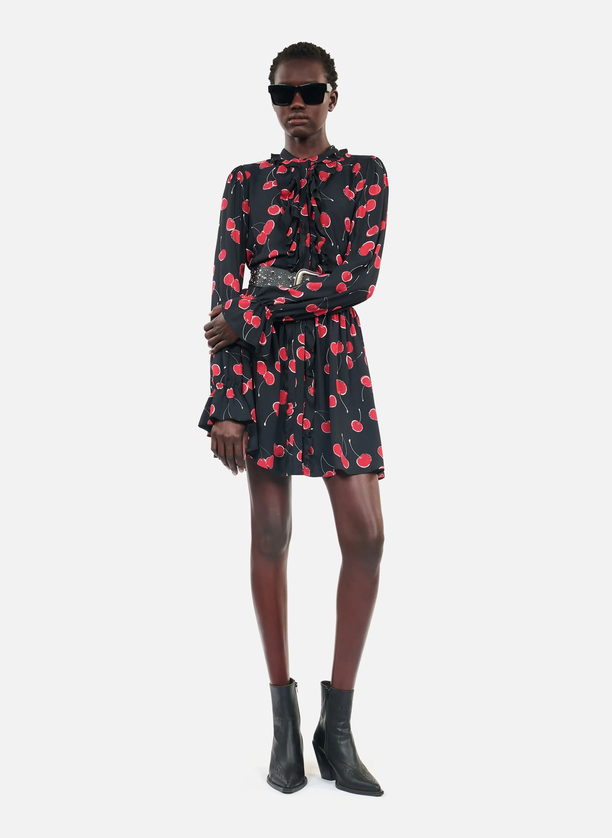 THE KOOPLES Vestido corto cuello redondo estampado de cereza en negro