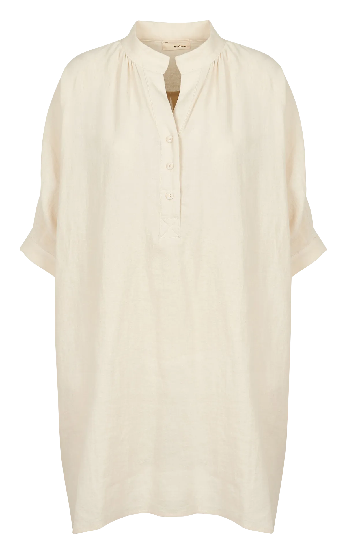 THE KORNER Vestido holgado corto de mezcla de lino con cuello tunecino en beige