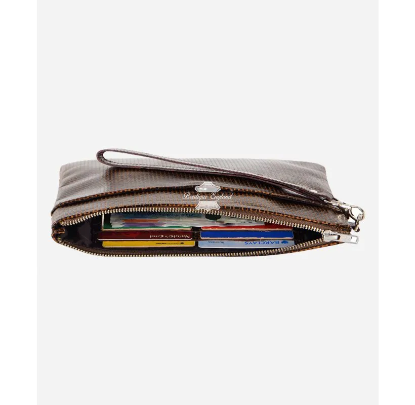 UNISEX Leather Wristlet Clutch Bag Tan Rattle Print Handbag