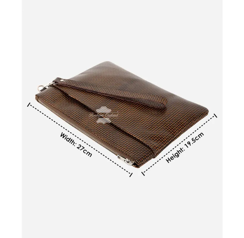 UNISEX Leather Wristlet Clutch Bag Tan Rattle Print Handbag