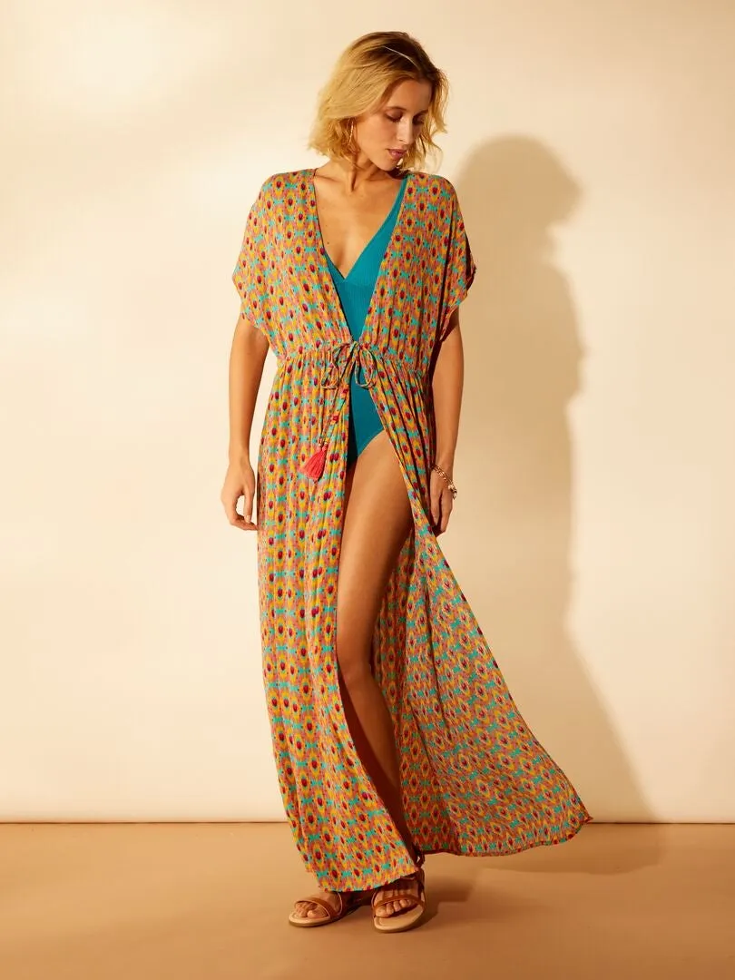 VESTIDO DE PLAYA ESTILO KIMONO ESTAMPADO  NARANJA
