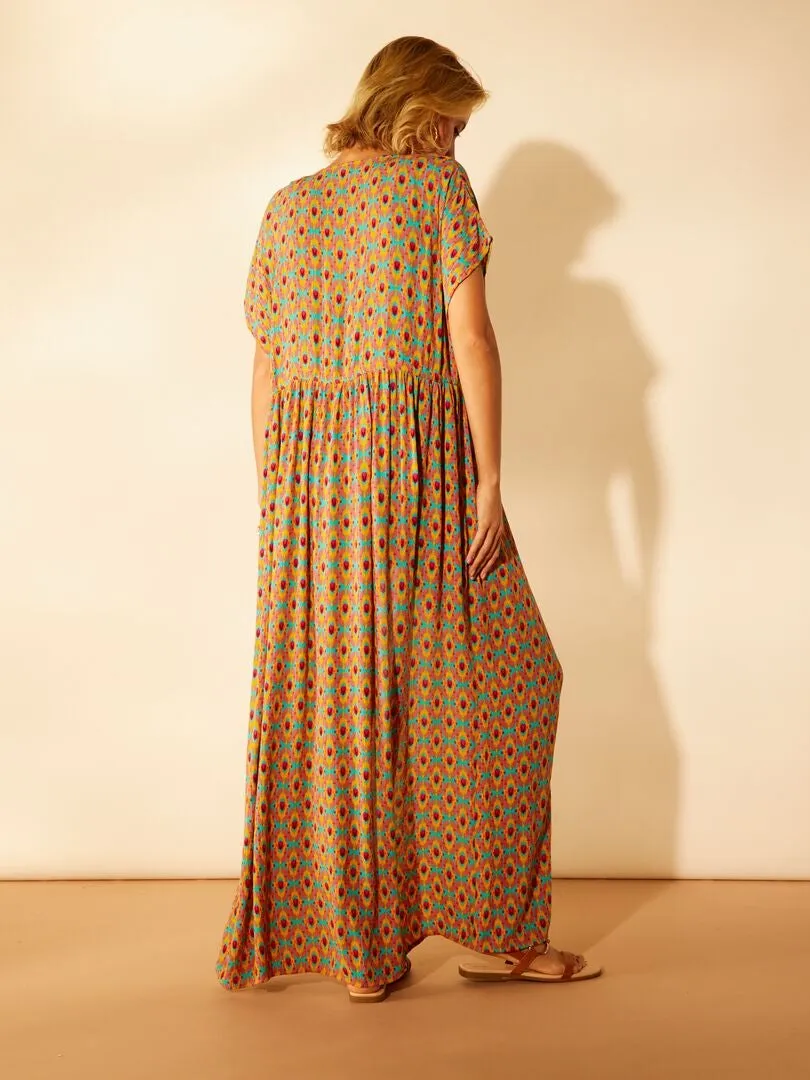 VESTIDO DE PLAYA ESTILO KIMONO ESTAMPADO  NARANJA
