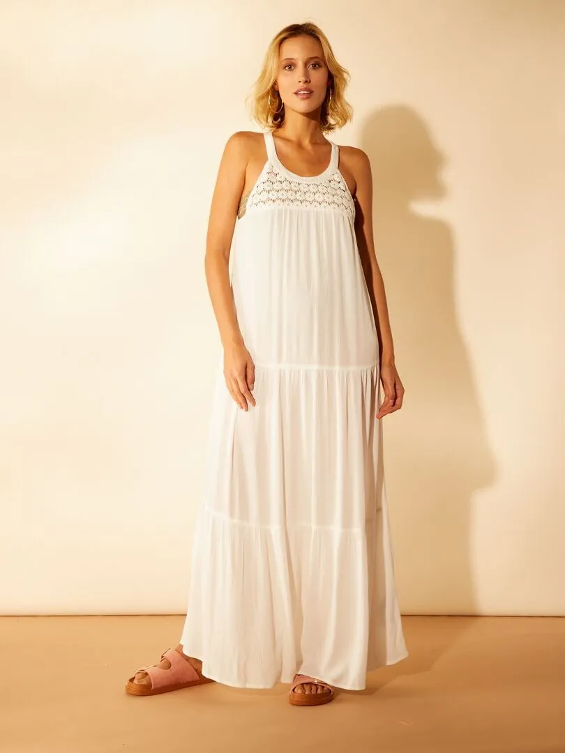 VESTIDO DE PLAYA LARGA CON FLORES BORDADAS  BLANCO