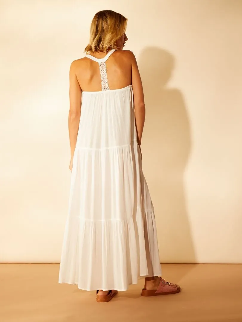 VESTIDO DE PLAYA LARGA CON FLORES BORDADAS  BLANCO