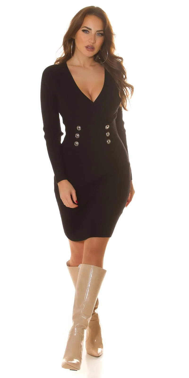 Vestido de punto Negro con escote en V