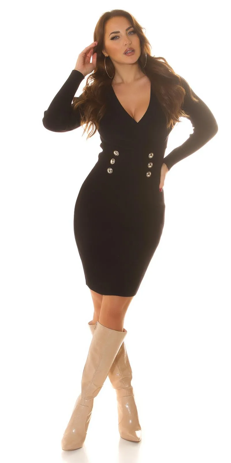 Vestido de punto Negro con escote en V