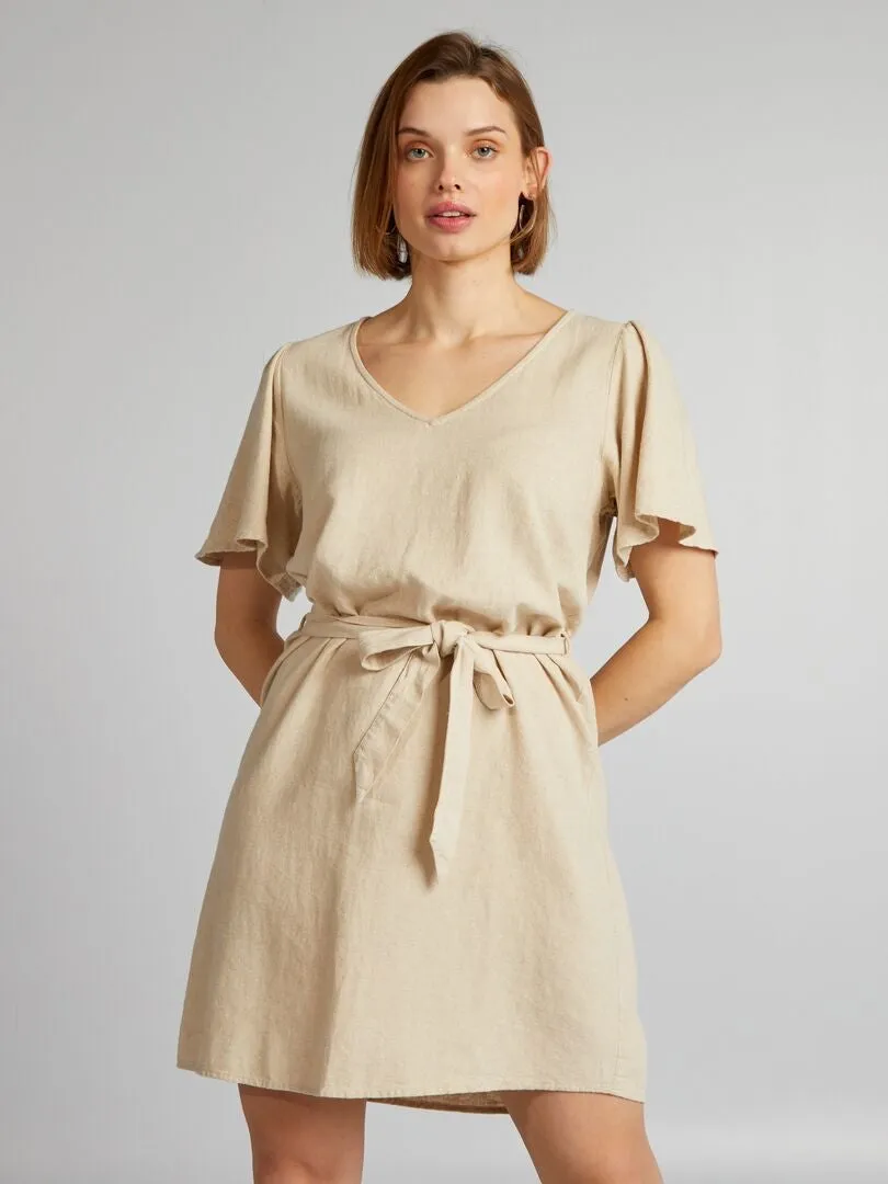 VESTIDO ENTALLADO DE LINO 'JDY'  BEIGE
