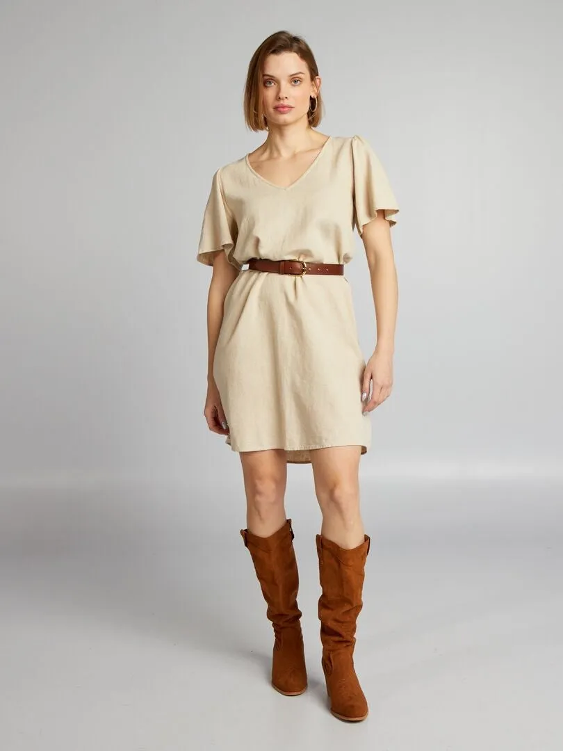 VESTIDO ENTALLADO DE LINO 'JDY'  BEIGE